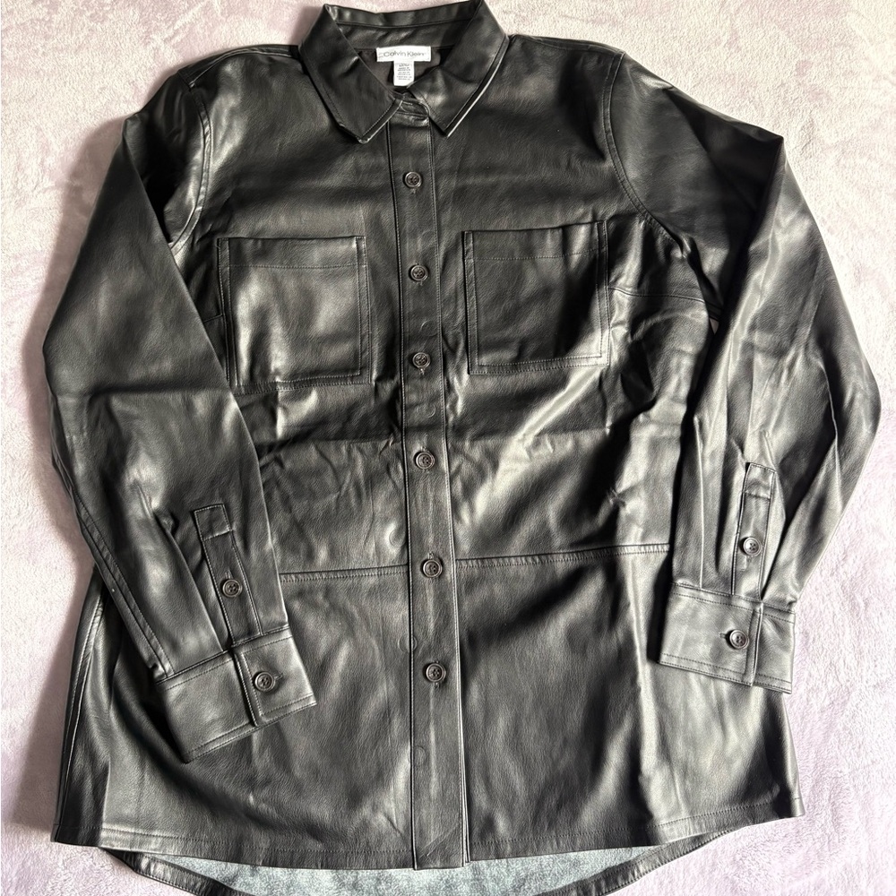 Calvin Klein Women’s Black Faux Leather Shirt Jacket
